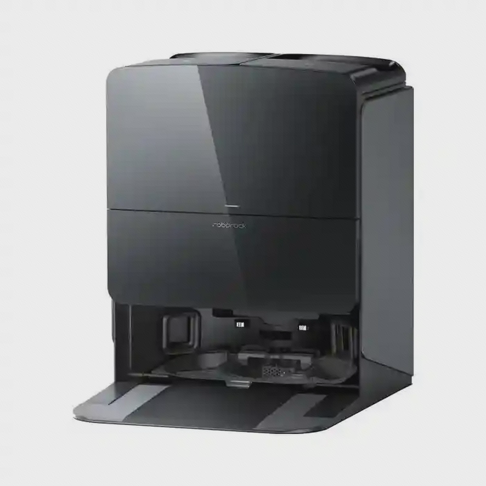 ایستگاه مشکی Roborock Saros 10 با محفظه پایینی خالی در نمای مایل