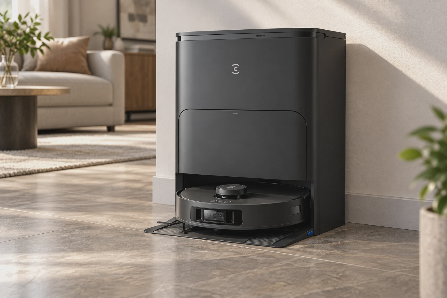جارو رباتیک اکووکس T30S PRO مشکی در ایستگاه OMNI کنار دیوار