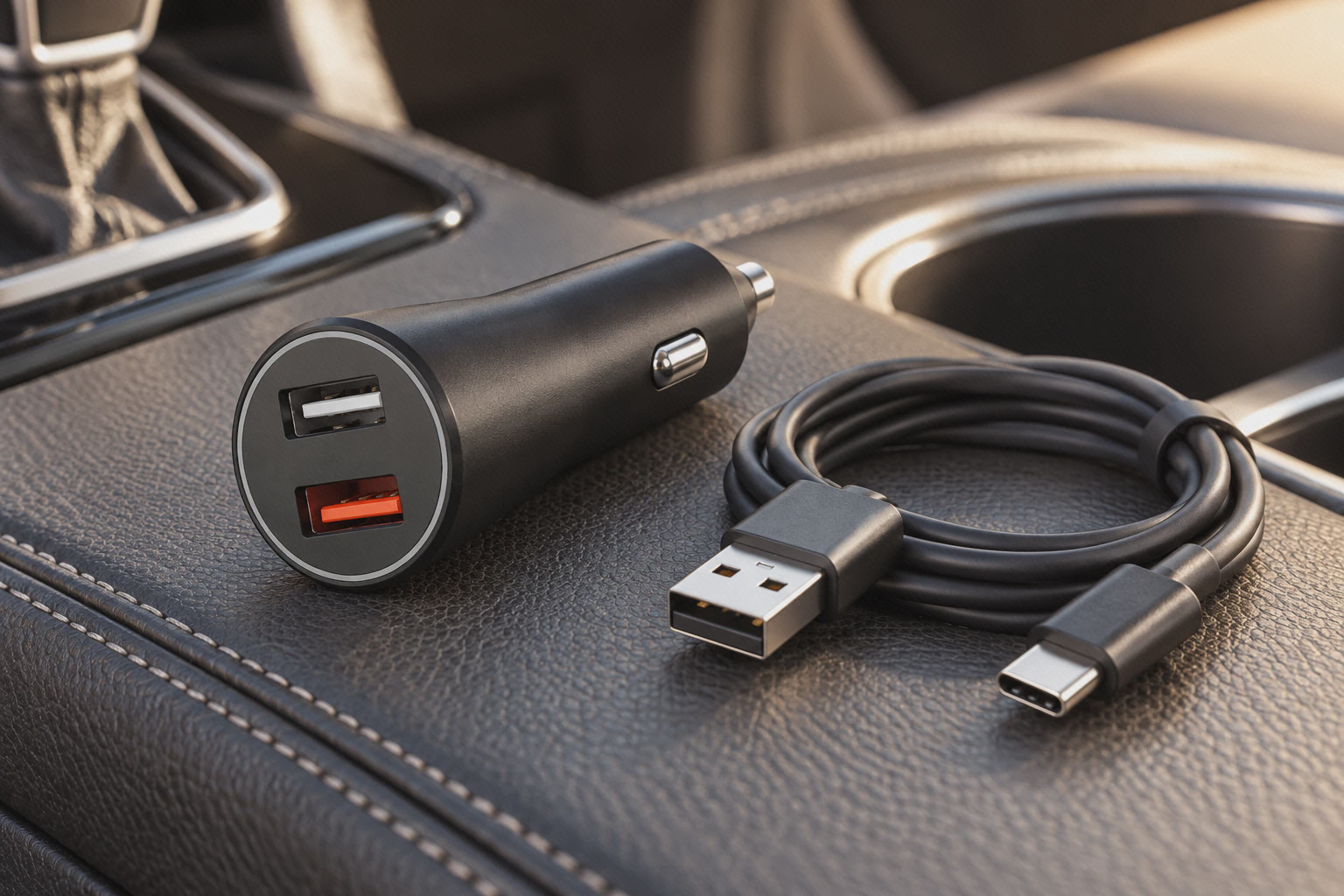 نمای خروجیهای شارژر فندکی شیائومی ۳۷ وات شارژر فندکی مشکی Mi 37W با دو خروجی USB-A کنار کابل جدا روی کنسول خودرو
