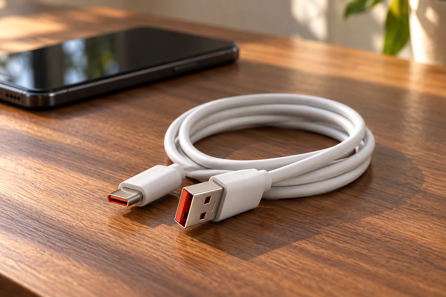 نمای نزدیک سریهای کابل USB-A به USB-C شیائومی دو سر USB-A و USB-C کابل سفید شیائومی با بخش داخلی نارنجی روی میز چوبی