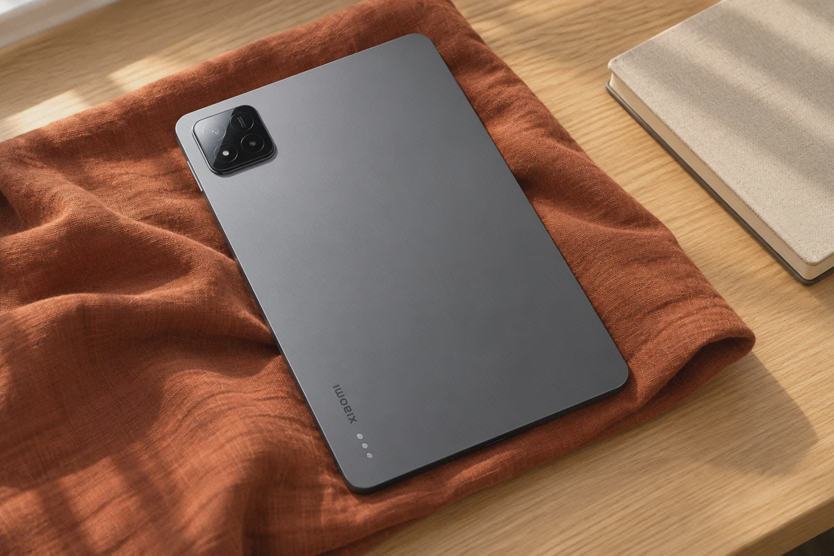 جزئیات بدنهٔ فلزی و دوربین پشت شیائومی پد ۷ پشت بدنهٔ خاکستری تبلت Xiaomi Pad 7 با ماژول دوربین مربعی و سه اتصال پایین بدنه روی پارچهٔ آجری