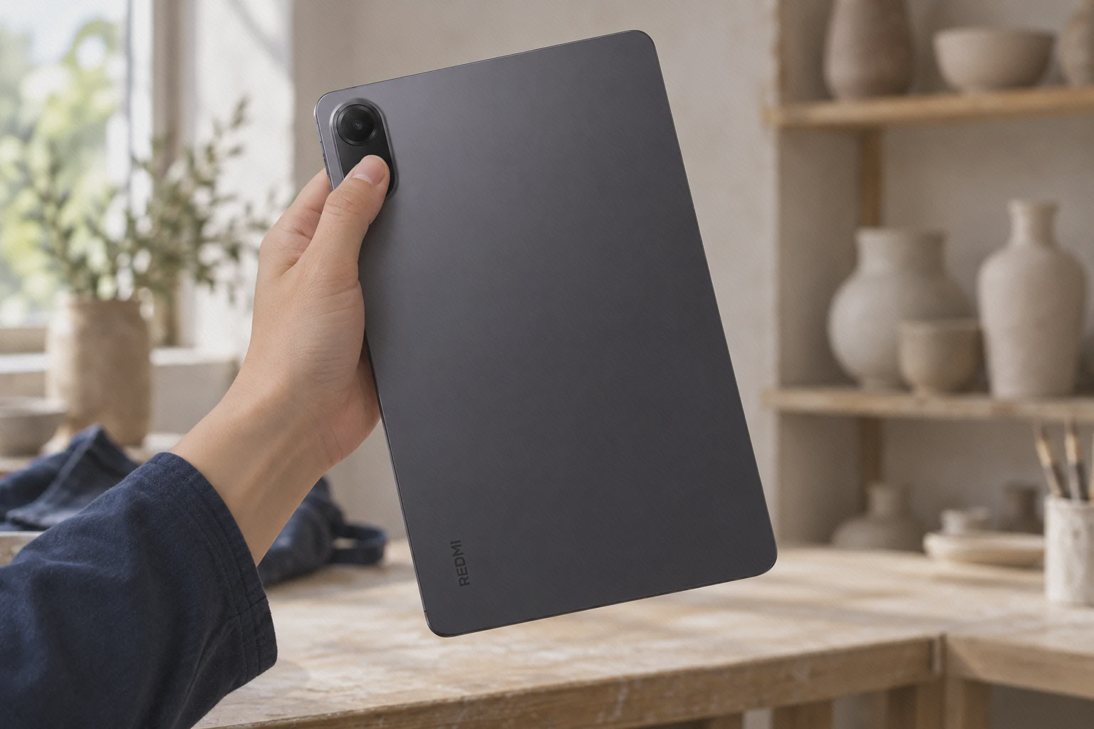 نمای پشت ردمی پد ۲ خاکستری کنار وسایل سفالگری پشت تبلت خاکستری Redmi Pad 2 در دست، با لنز بالای بدنه در فضای کار سفالگری