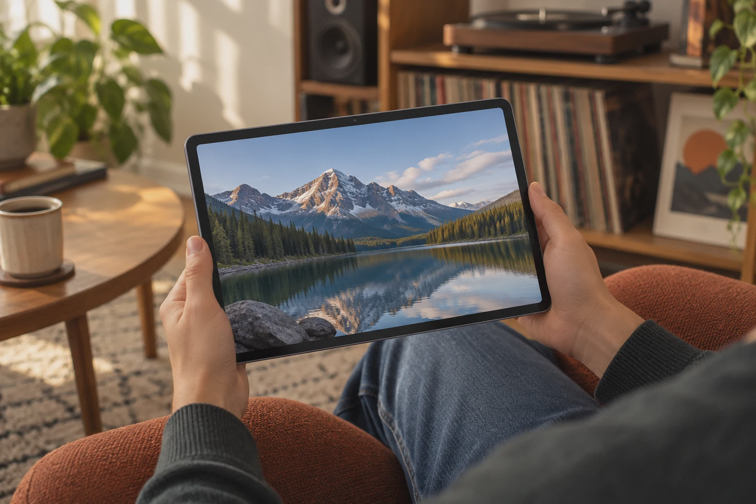 تماشای منظره روی ردمی پد ۲ در فضای نشیمن تصویر کوه و دریاچه روی صفحهٔ افقی Redmi Pad 2، در دست کاربر روبهروی قفسهٔ صفحههای موسیقی