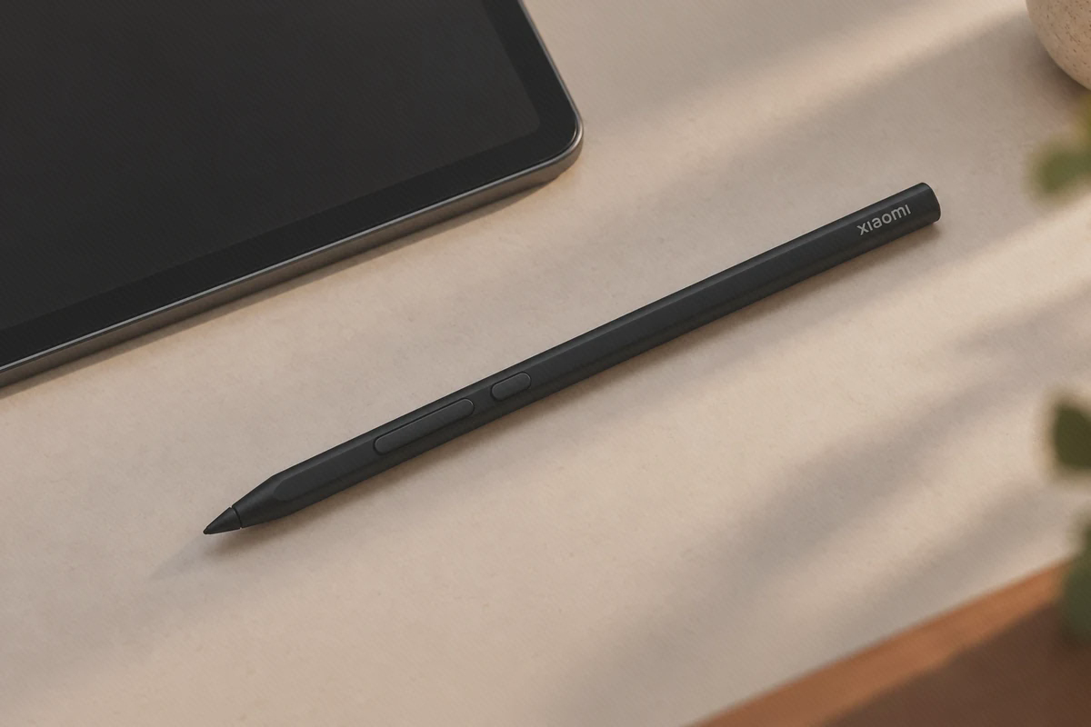 جزئیات بدنه و دکمههای قلم مشکی Xiaomi Focus Pen نمای نزدیک دکمههای قلم Focus Pen مشکی روی میز کنار تبلت