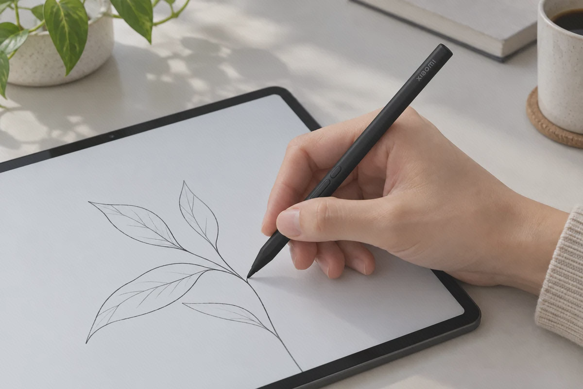 طراحی برگ با نوک ظریف قلم Focus Pen مشکی قلم مشکی Xiaomi Focus Pen در دست کاربر هنگام کشیدن طرح برگ روی تبلت