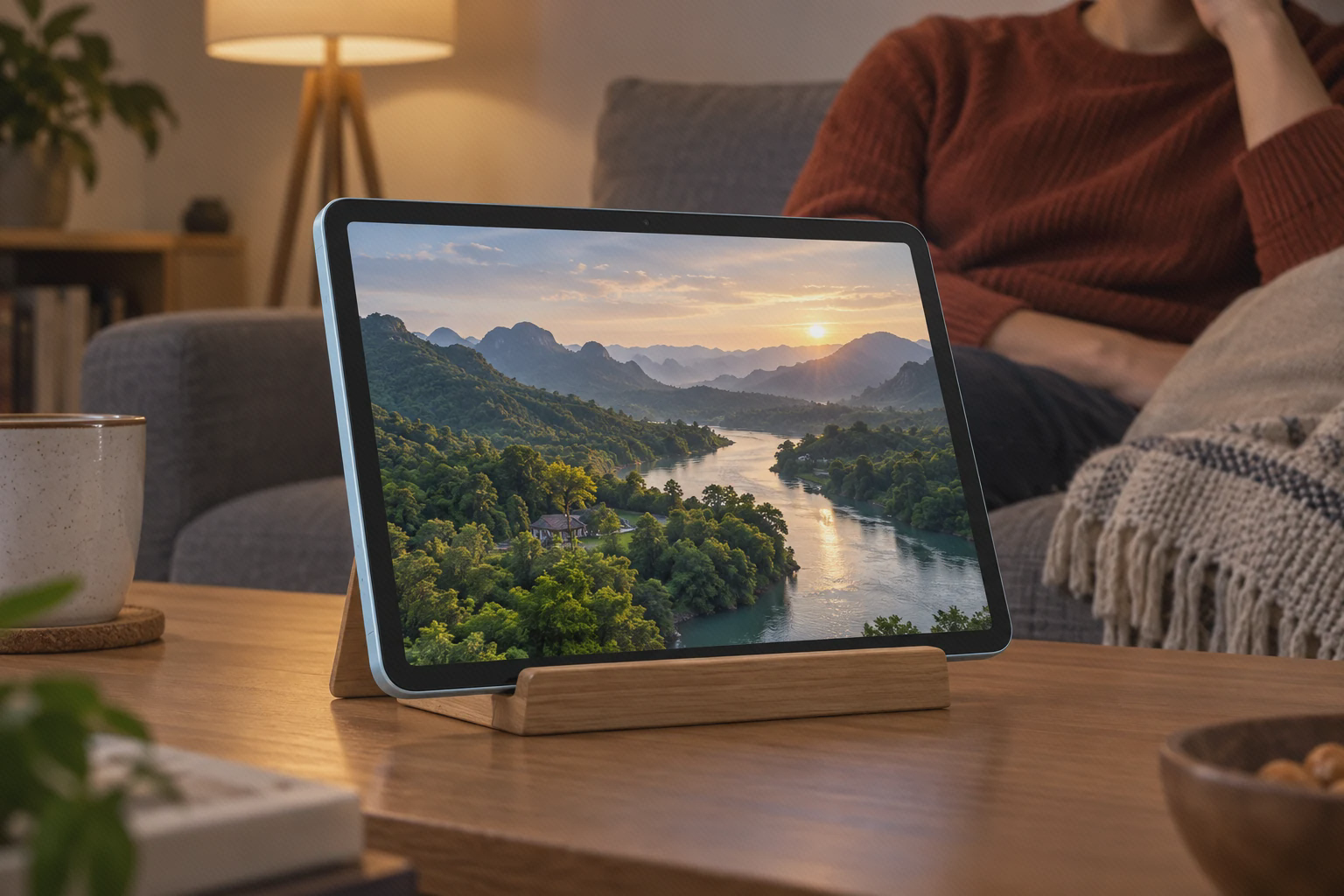 نمایش تصویر روی پد ۶ نسخه چین در فضای خانه نمای افقی Xiaomi Pad 6 روی پایه چوبی کنار مبل با منظره رودخانه روی صفحه