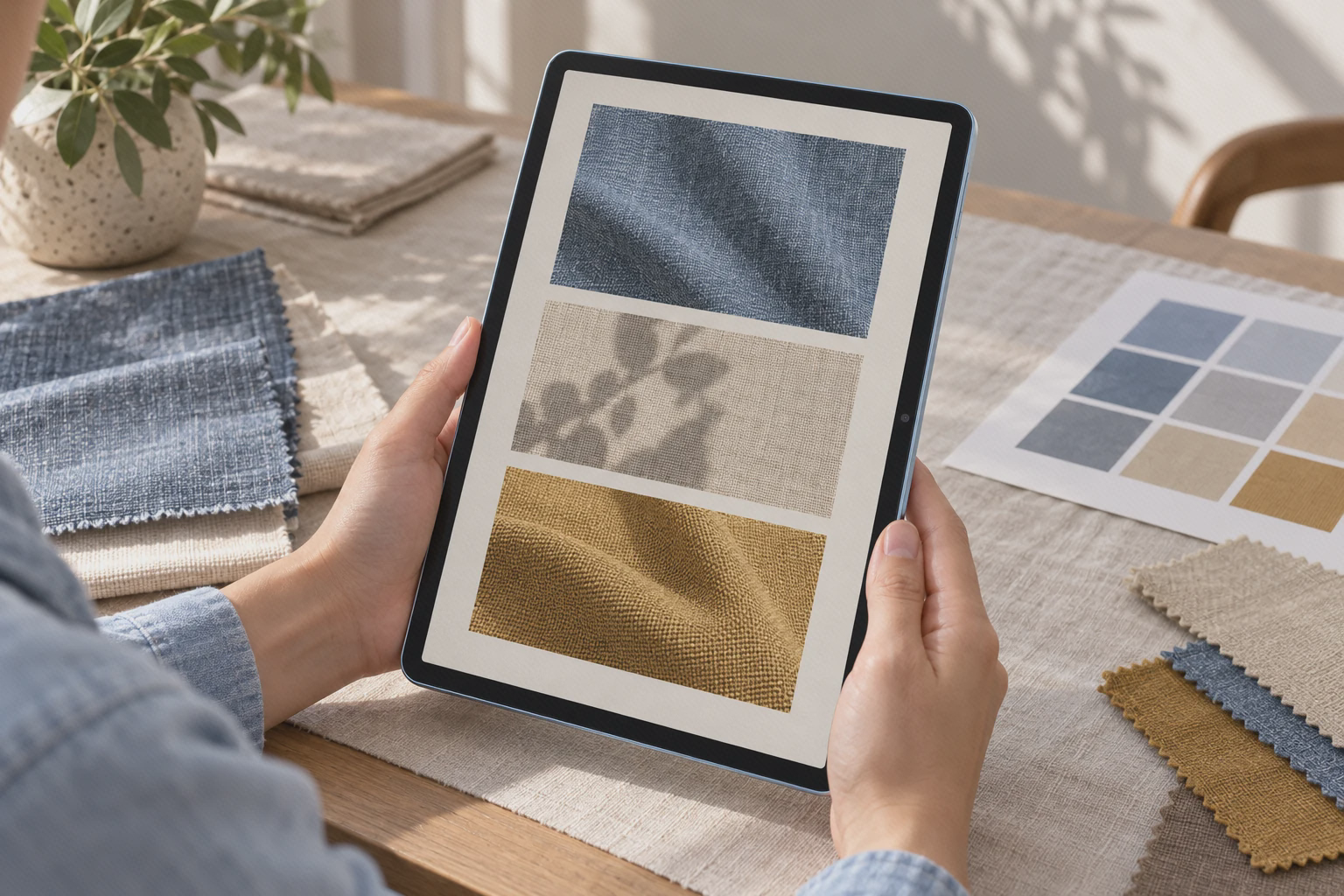 دیدن نمونههای تصویری پارچه روی پد ۶ گرفتن عمودی Xiaomi Pad 6 در دو دست با نمونههای بافت پارچه روی صفحه