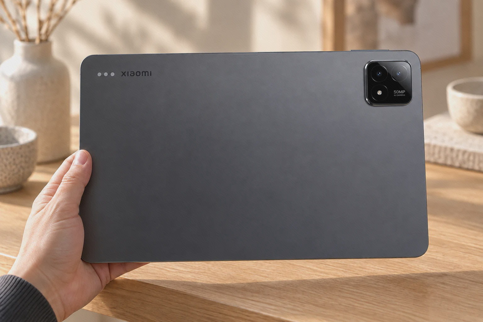پنل پشت و ماژول دوربین شیائومی پد ۶ اس پرو پشت خاکستری Xiaomi Pad 6S Pro در دست با ماژول مربعی دوربین و سه اتصال روی بدنه