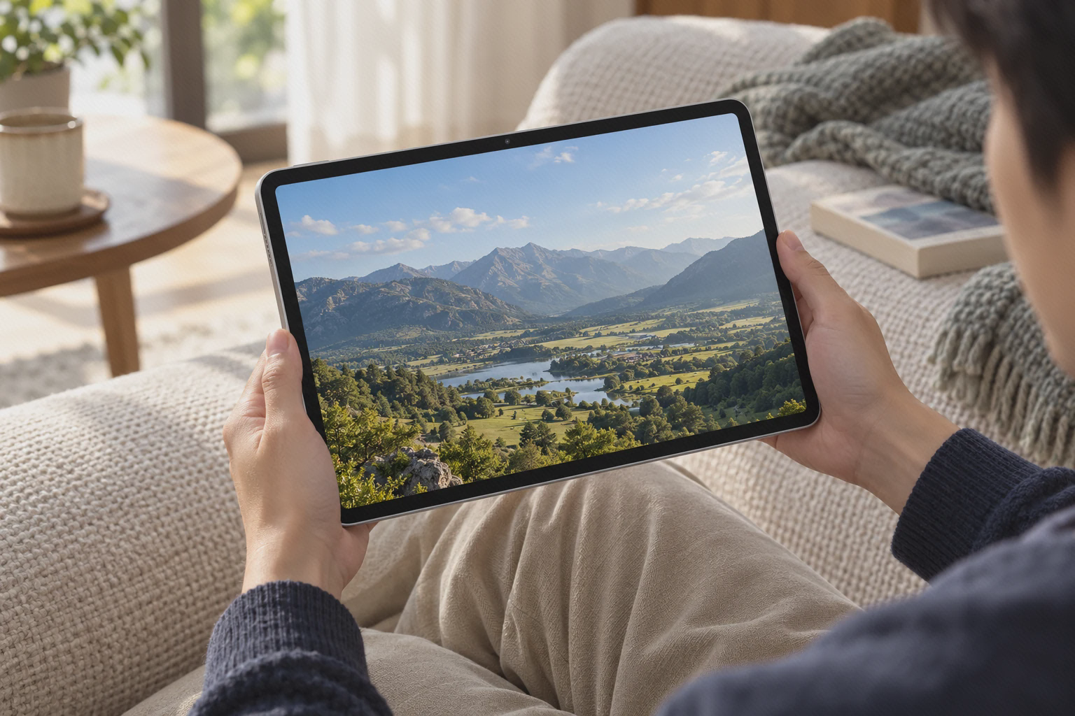نمایش تصویر در نمایشگر ۱۱٫۲ اینچی پد ۷ نمای افقی Xiaomi Pad 7 در دو دست کاربر با منظره کوه و دریاچه روی صفحه کنار مبل
