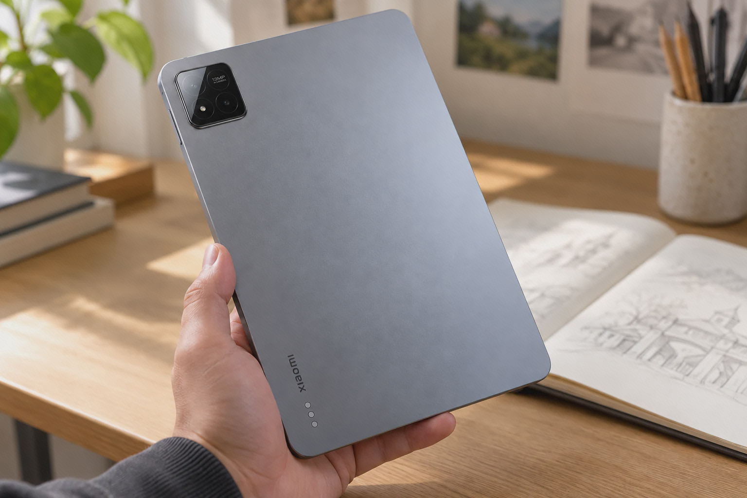 نمای پشت فلزی و دوربین شیائومی پد ۷ آبی پشت آبی Xiaomi Pad 7 در دست با ماژول دوربین ۱۳ مگاپیکسلی کنار دفتر طراحی