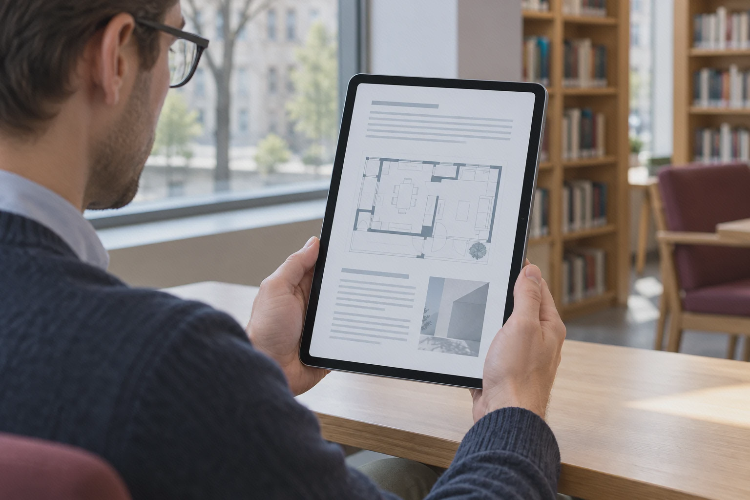 مطالعه سند و نقشه روی شیائومی پد ۷ پرو تبلت Xiaomi Pad 7 Pro در حالت عمودی در دست کاربر با یک سند و نقشه روی نمایشگر