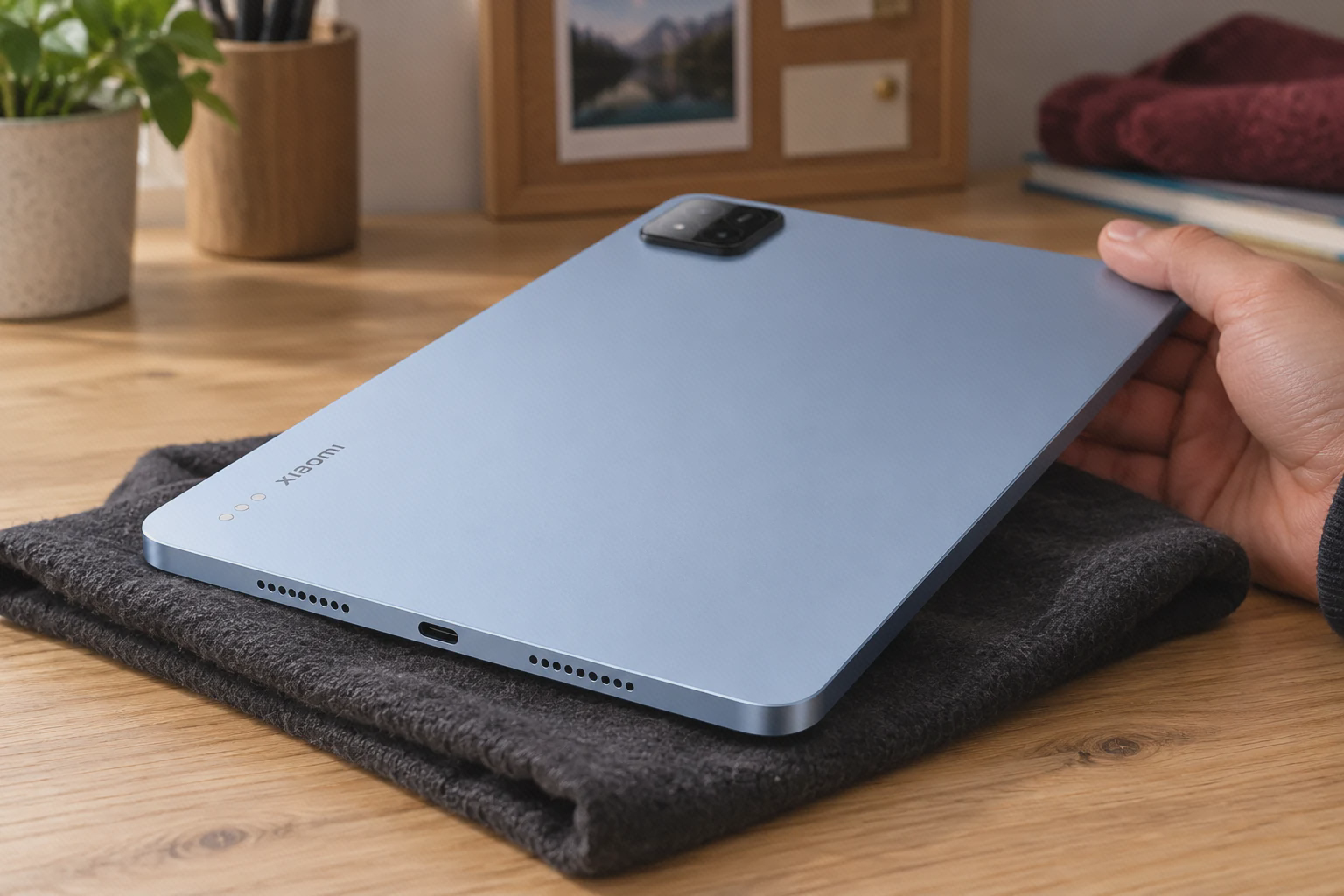 نمای بدنه آبی، درگاه و بلندگوهای پد ۷ پرو پشت آبی Xiaomi Pad 7 Pro و لبه دارای USB-C با دو گروه سوراخ بلندگو روی میز