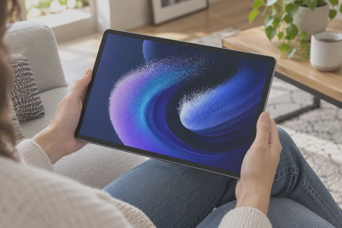 نمای نمایشگر ۱۱ اینچی Pad 6 Pro در فضای نشیمن تبلت خاکستری Xiaomi Pad 6 Pro در دو دست با تصویر آبی و بنفش روی نمایشگر افقی