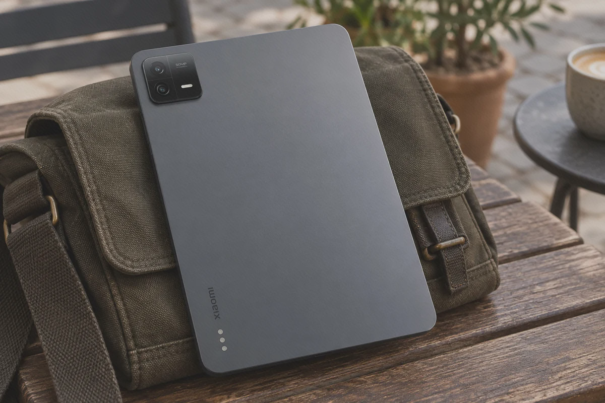 جزئیات دوربین و پنل پشتی Xiaomi Pad 6 Pro خاکستری پشت خاکستری Pad 6 Pro با دو لنز و فلش کشیده روی کیف پارچهای در فضای باز