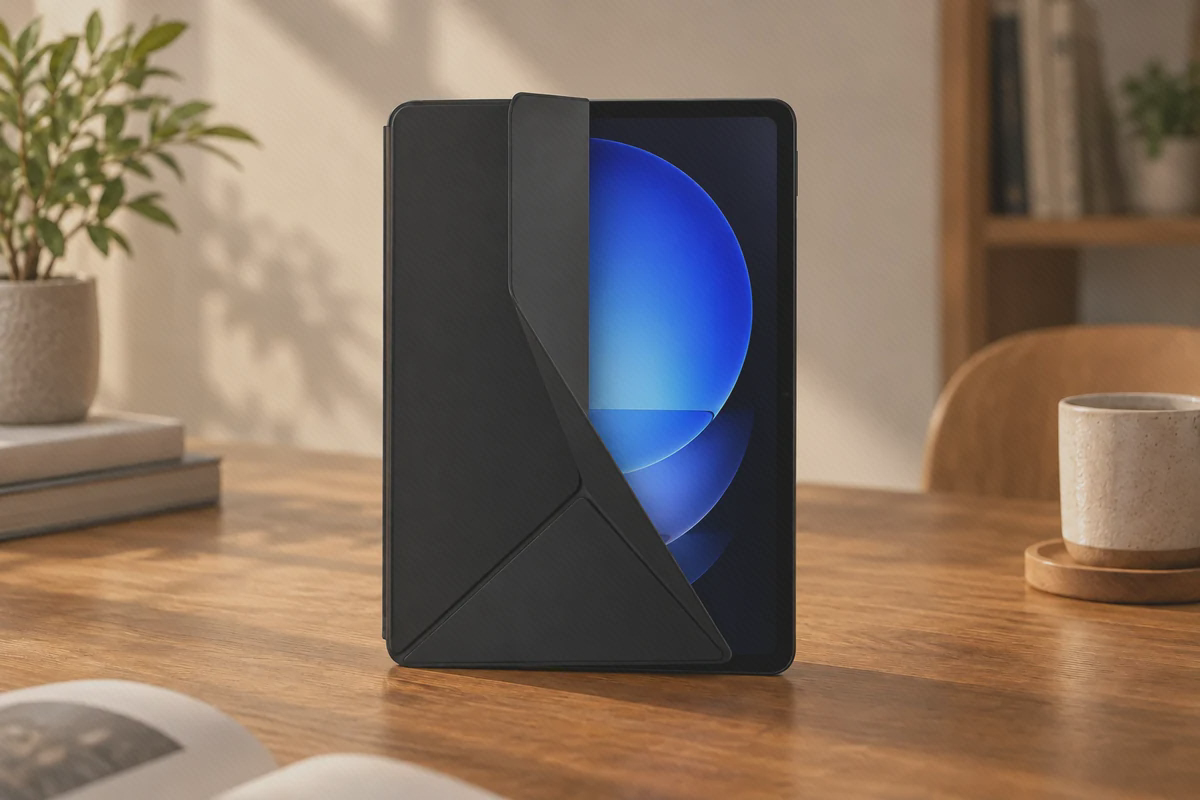 خطوط تای کاور اصلی تبلت Xiaomi Pad 6S Pro پوشش جلویی نیمهباز کاور مشکی Pad 6S Pro با خطوط تای مثلثی کنار نمایشگر