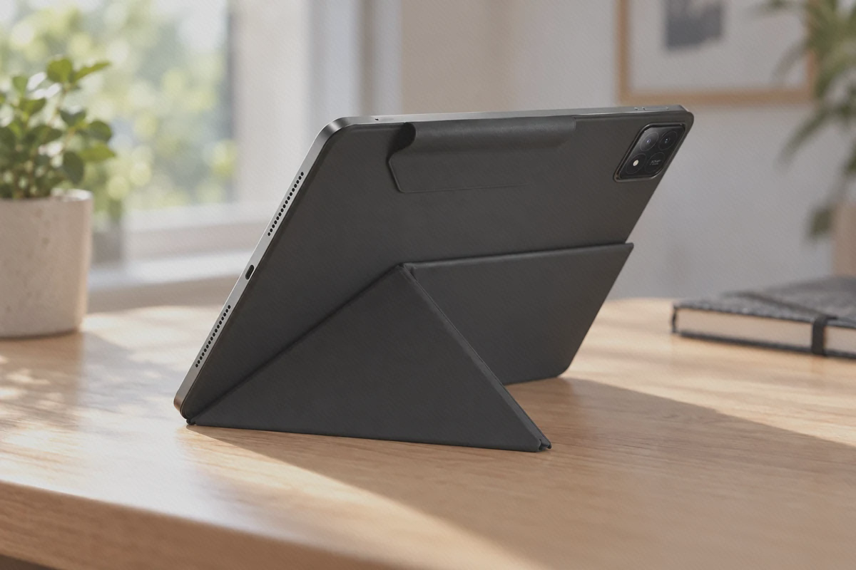پایه مثلثی کاور مشکی Pad 6S Pro در نمای پشت پشت کاور مشکی Xiaomi Pad 6S Pro با پایه مثلثی بازشده و برش دوربین روی میز