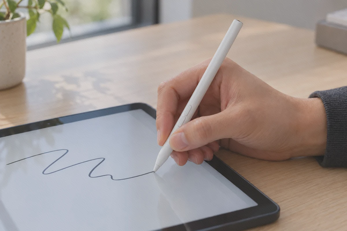 نوشتن با قلم سفید نسل دوم شیائومی و دو کلید کناری نوک قلم سفید Xiaomi Smart Pen نسل دوم هنگام نوشتن یک خط روی نمایشگر