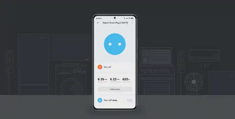صفحه نمونه Xiaomi Home برای Smart Plug 2 با کنترل روشن و خاموش و عددهای مصرف برق